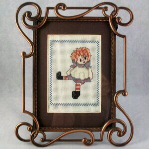 Cross Stitch Raggedy Ann Doll Antiqued Copper Openwork Scroll Metal Frame 7" x 9
